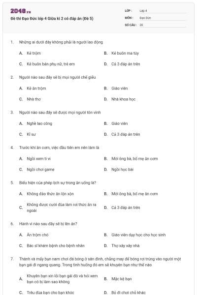 Đề thi Đạo Đức lớp 4 Giữa kì 2 có đáp án (Đề 5)