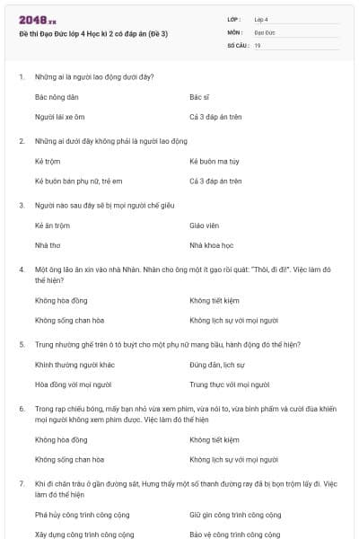 Đề thi Đạo Đức lớp 4 Học kì 2 có đáp án (Đề 3)