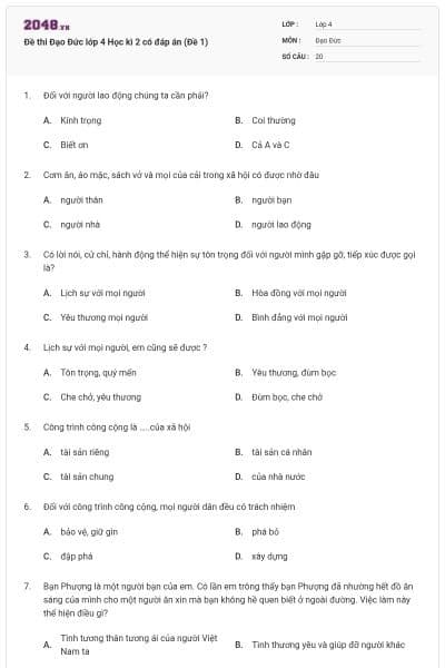 Đề thi Đạo Đức lớp 4 Học kì 2 có đáp án (Đề 1)