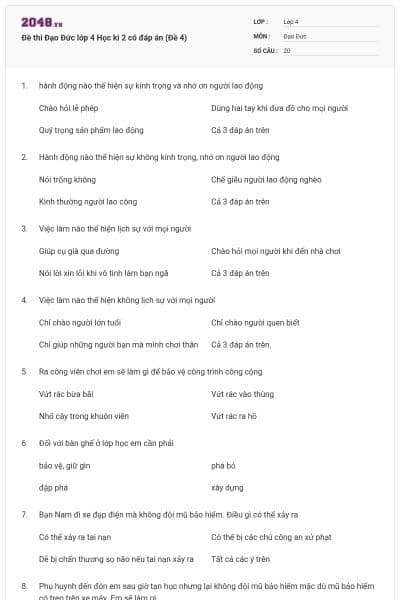 Đề thi Đạo Đức lớp 4 Học kì 2 có đáp án (Đề 4)