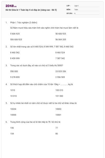 Đề thi Giữa kì 1 Toán lớp 4 có đáp án (nâng cao - Đề 5)