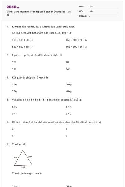 Đề thi Giữa kì 2 môn Toán lớp 2 có đáp án (Nâng cao - Đề 1)
