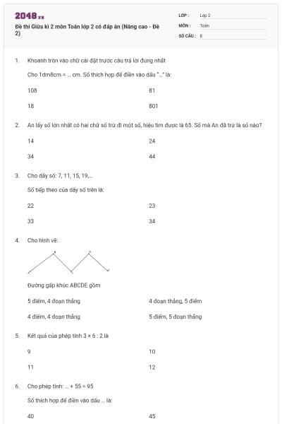 Đề thi Giữa kì 2 môn Toán lớp 2 có đáp án (Nâng cao - Đề 2)