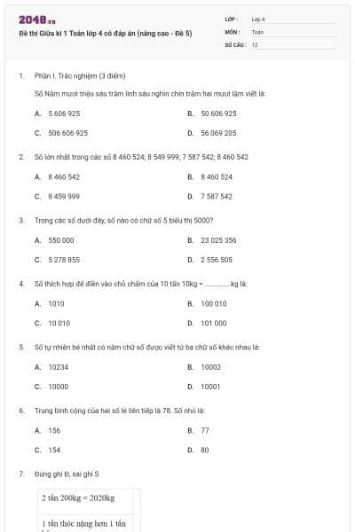 Đề thi Giữa kì 1 Toán lớp 4 có đáp án (nâng cao - Đề 5)