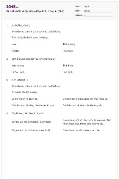 Đề thi Lịch Sử và Địa Lí lớp 4 Học kì 1 có đáp án (Đề 9)