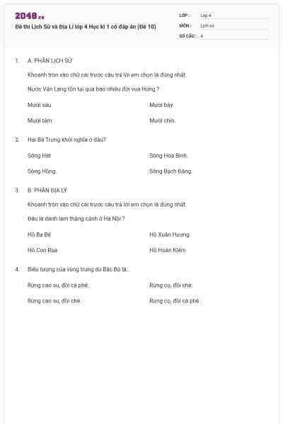 Đề thi Lịch Sử và Địa Lí lớp 4 Học kì 1 có đáp án (Đề 10)