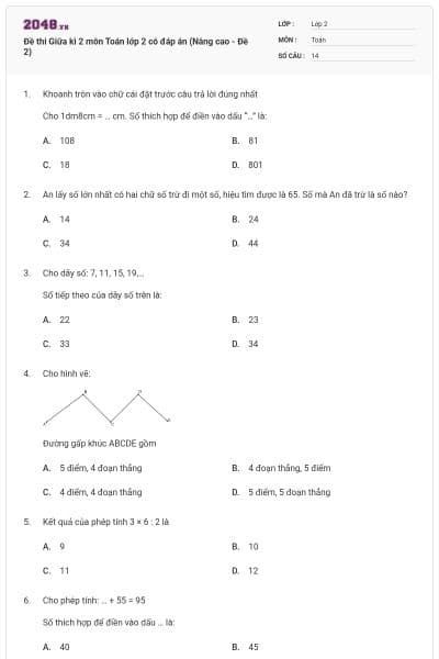 Đề thi Giữa kì 2 môn Toán lớp 2 có đáp án (Nâng cao - Đề 2)