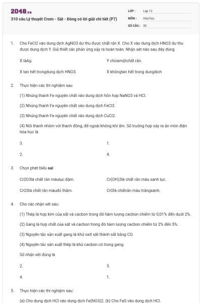 310 câu Lý thuyết Crom - Sắt - Đồng có lời giải chi tiết (P7)