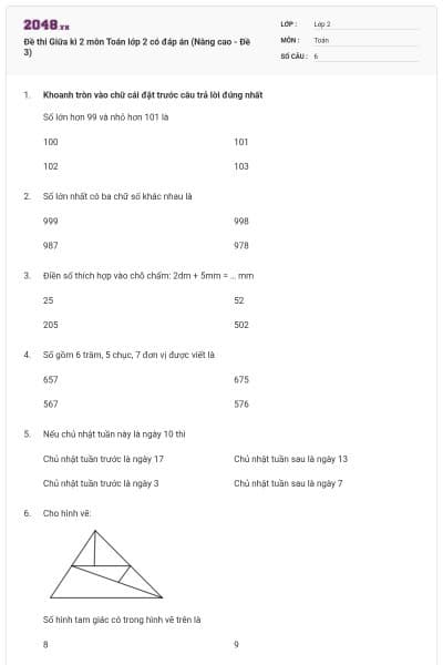 Đề thi Giữa kì 2 môn Toán lớp 2 có đáp án (Nâng cao - Đề 3)