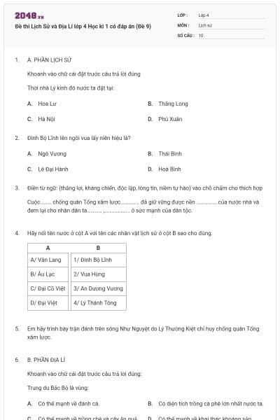 Đề thi Lịch Sử và Địa Lí lớp 4 Học kì 1 có đáp án (Đề 9)