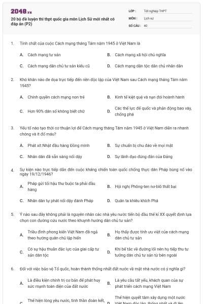 20 bộ đề luyện thi thpt quốc gia môn Lịch Sử mới nhất có đáp án (P2)