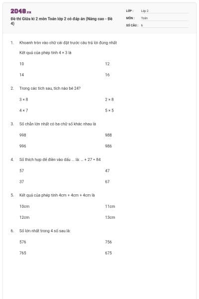 Đề thi Giữa kì 2 môn Toán lớp 2 có đáp án (Nâng cao - Đề 4)