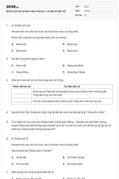 Đề thi Lịch Sử và Địa Lí lớp 4 Học kì 1 có đáp án (Đề 10)