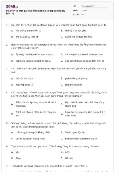 Đề luyện thi thpt quốc gia môn Lịch Sử có đáp án cực hay (Đề 11)