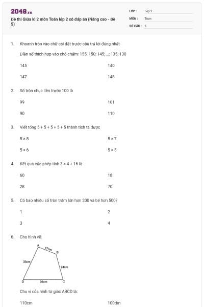 Đề thi Giữa kì 2 môn Toán lớp 2 có đáp án (Nâng cao - Đề 5)
