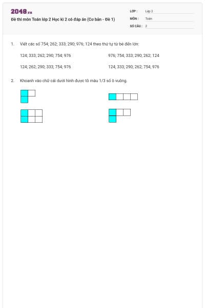 Đề thi môn Toán lớp 2 Học kì 2 có đáp án (Cơ bản - Đề 1)