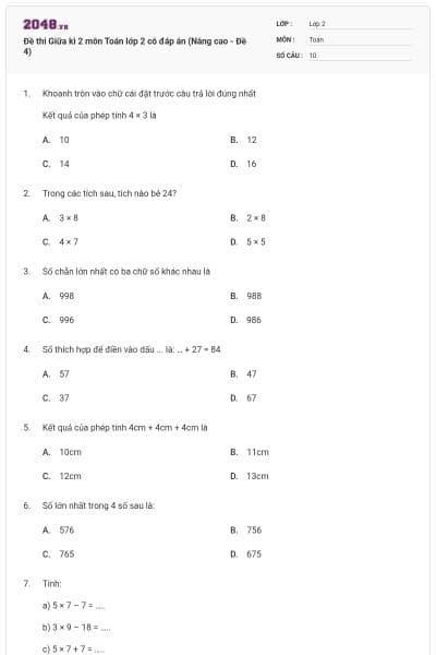 Đề thi Giữa kì 2 môn Toán lớp 2 có đáp án (Nâng cao - Đề 4)