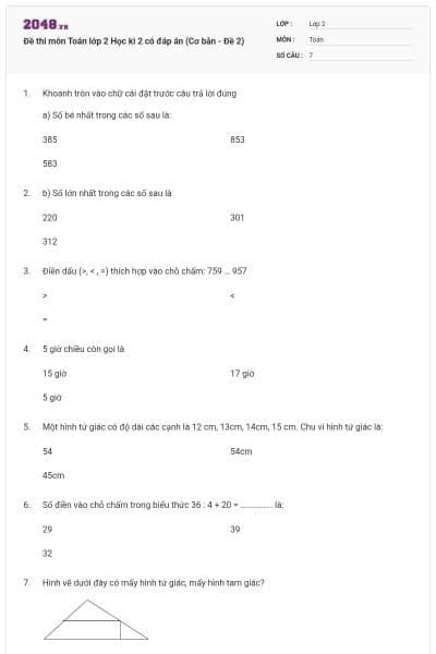 Đề thi môn Toán lớp 2 Học kì 2 có đáp án (Cơ bản - Đề 2)
