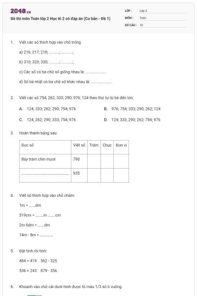 Đề thi môn Toán lớp 2 Học kì 2 có đáp án (Cơ bản - Đề 1)