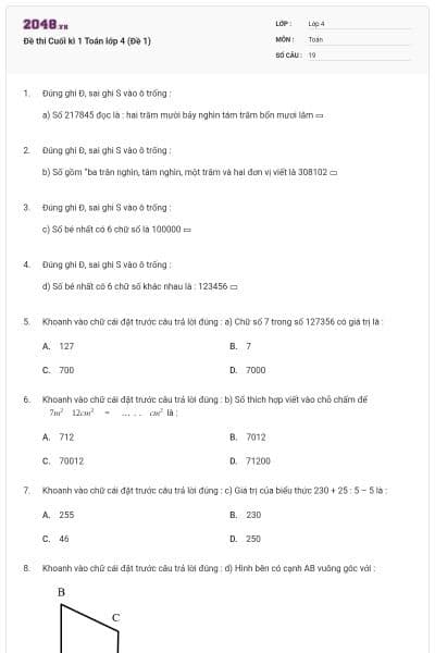 Đề thi Cuối kì 1 Toán lớp 4 (Đề 1)