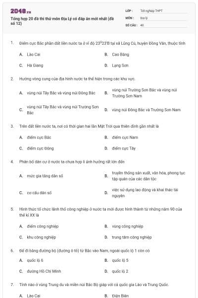 Tổng hợp 20 đề thi thử môn Địa Lý có đáp án mới nhất (đề số 12)