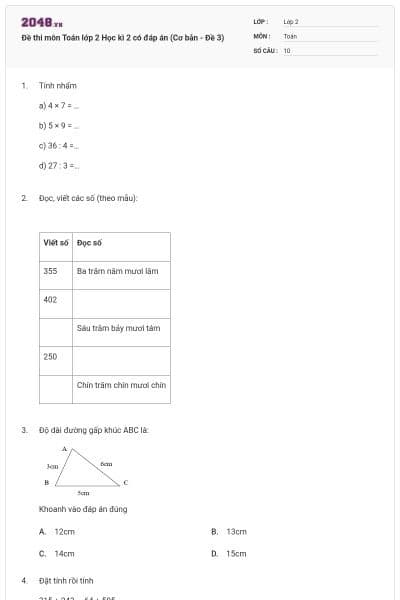 Đề thi môn Toán lớp 2 Học kì 2 có đáp án (Cơ bản - Đề 3)