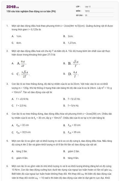 150 câu trắc nghiệm Dao động cơ cơ bản (P6)