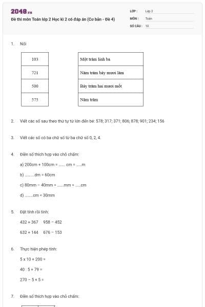 Đề thi môn Toán lớp 2 Học kì 2 có đáp án (Cơ bản - Đề 4)