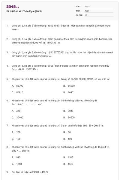 Đề thi Cuối kì 1 Toán lớp 4 (Đề 3)