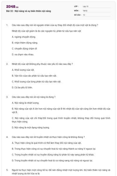 Bài 32 : Nội năng và sự biến thiên nội năng