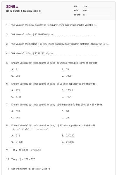 Đề thi Cuối kì 1 Toán lớp 4 (Đề 4)