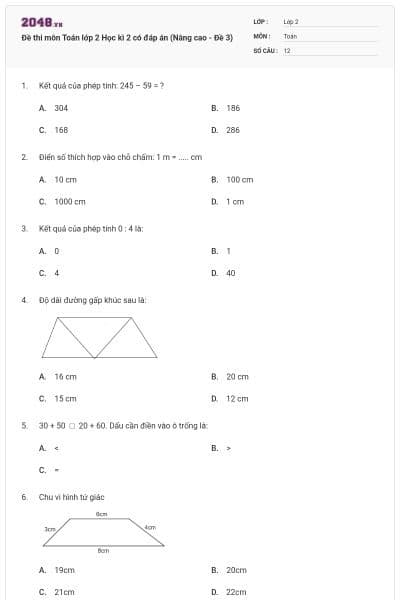Đề thi môn Toán lớp 2 Học kì 2 có đáp án (Nâng cao - Đề 3)