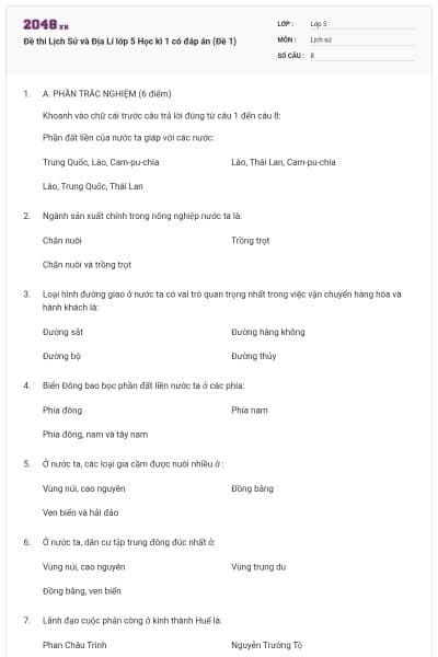 Đề thi Lịch Sử và Địa Lí lớp 5 Học kì 1 có đáp án (Đề 1)