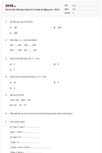 Đề thi môn Toán lớp 2 Học kì 2 có đáp án (Nâng cao - Đề 4)