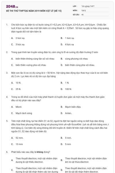 ĐỀ THI THỬ THPTQG NĂM 2019 MÔN VẬT LÝ (ĐỀ 15)