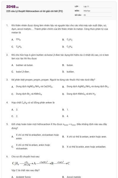 225 câu Lý thuyết Hidrocacbon có lời giải chi tiết (P2)
