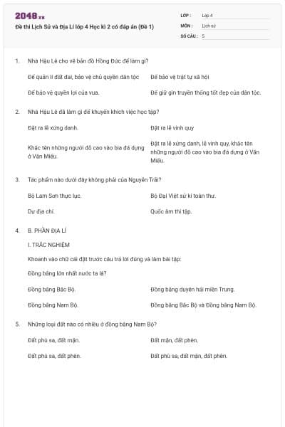 Đề thi Lịch Sử và Địa Lí lớp 4 Học kì 2 có đáp án (Đề 1)
