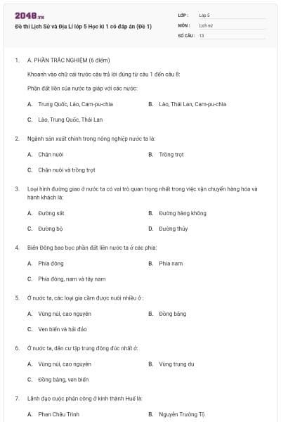 Đề thi Lịch Sử và Địa Lí lớp 5 Học kì 1 có đáp án (Đề 1)