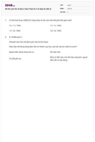 Đề thi Lịch Sử và Địa Lí lớp 4 Học kì 2 có đáp án (Đề 2)