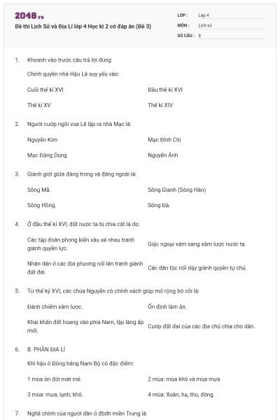 Đề thi Lịch Sử và Địa Lí lớp 4 Học kì 2 có đáp án (Đề 3)