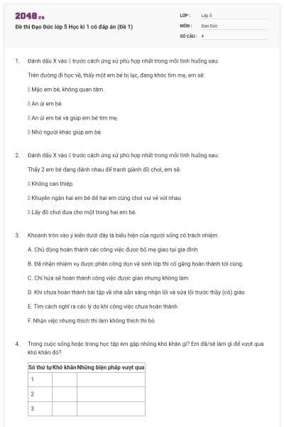 Đề thi Đạo Đức lớp 5 Học kì 1 có đáp án (Đề 1)