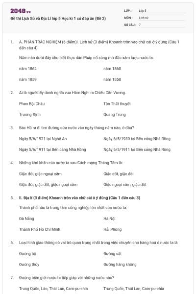 Đề thi Lịch Sử và Địa Lí lớp 5 Học kì 1 có đáp án (Đề 2)