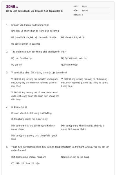 Đề thi Lịch Sử và Địa Lí lớp 4 Học kì 2 có đáp án (Đề 4)
