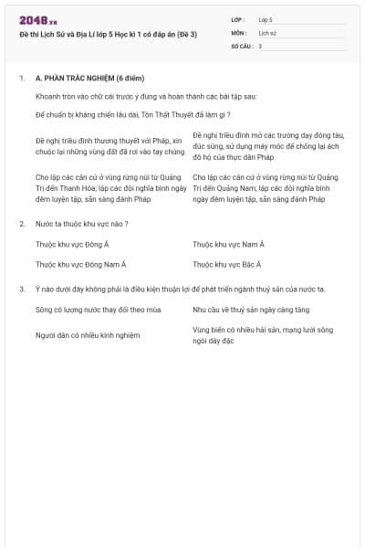 Đề thi Lịch Sử và Địa Lí lớp 5 Học kì 1 có đáp án (Đề 3)