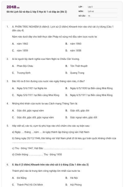 Đề thi Lịch Sử và Địa Lí lớp 5 Học kì 1 có đáp án (Đề 2)