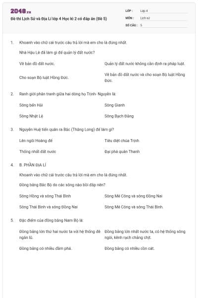 Đề thi Lịch Sử và Địa Lí lớp 4 Học kì 2 có đáp án (Đề 5)