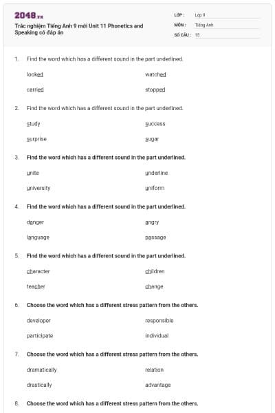 Trắc nghiệm Tiếng Anh 9 mới Unit 11 Phonetics and Speaking có đáp án