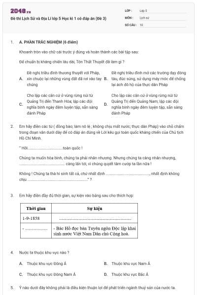 Đề thi Lịch Sử và Địa Lí lớp 5 Học kì 1 có đáp án (Đề 3)