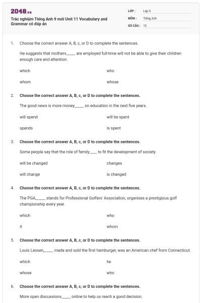 Trắc nghiệm Tiếng Anh 9 mới Unit 11 Vocabulary and Grammar có đáp án