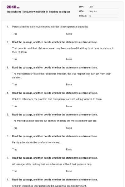 Trắc nghiệm Tiếng Anh 9 mới Unit 11 Reading có đáp án